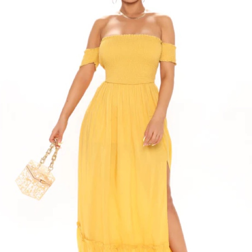 Fashion Nova Yellow One-Shoulder Maxi Dress